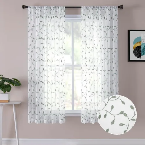 Miniatura 22 de Tollpiz Cortinas Cortas Transparentes de Hojas con Bordado de Hojas Grises, Cortinas de Dormitorio con Bolsillo para Barra, Voile de Lino Sintético