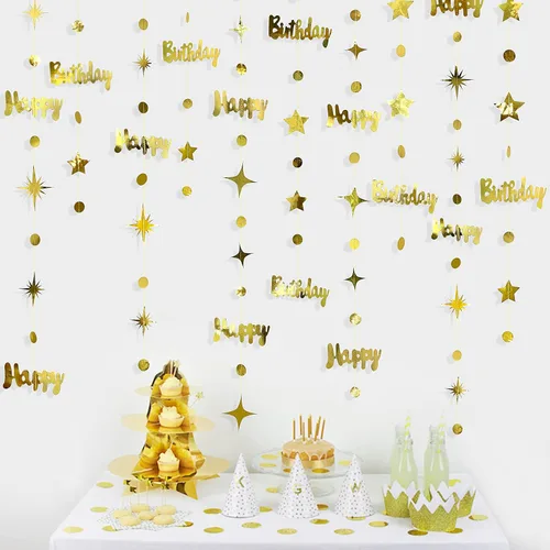 Miniatura 4 de Decoraciones doradas de feliz cumpleaños con diseño de círculos de feliz cumpleaños, guirnalda de estrellas centelleantes metálicas, para colgar