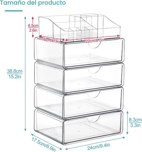 Miniatura 3 de Vtopmart - Organizador de maquillaje de plástico transparente de 1 nivel con cajón, almacenamiento de cosméticos para encimera de tocador y tocador