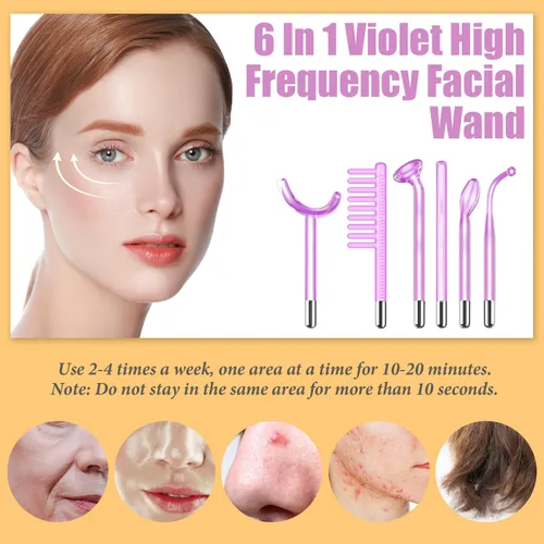 Miniatura 3 de Uaike - Varita facial de alta frecuencia, 6 en 1, color violeta, portátil, portátil, de alta frecuencia, con 6 tubos de vidrio morado, dispositivo