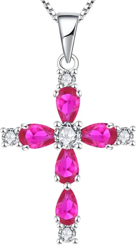 Miniatura 15 de YL Collar de cruz de plata de ley 925 con colgante de piedra natal religiosa para mujer