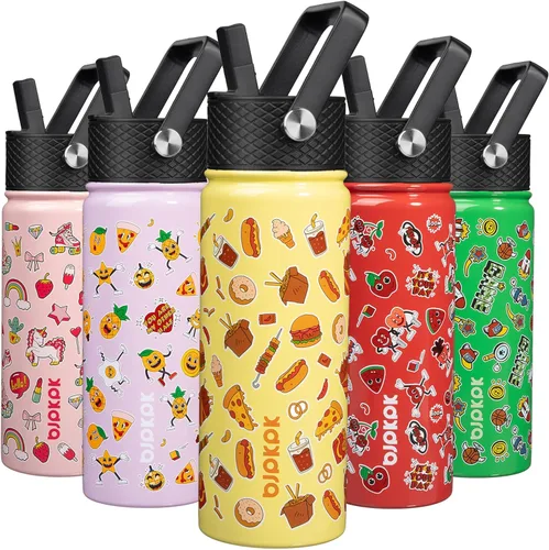 Miniatura 75 de BJPKPK Botella de agua aislada con tapa con pajilla, bonitas botellas de agua de 15 onzas, termo de metal de acero inoxidable, vasos reutilizables