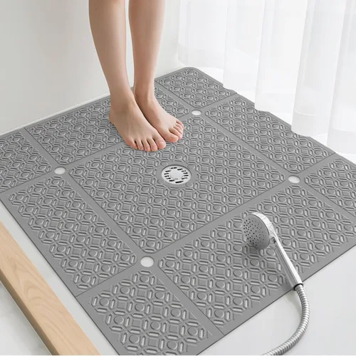 Miniatura 8 de Yolife Tapete de ducha cuadrado, 27 x 27 pulgadas, tapete de ducha grande con orificio de drenaje central, tapete de ducha antideslizante de TPE