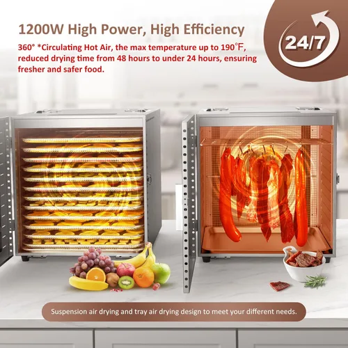 Miniatura 2 de Deshidratadora de alimentos comercial grande con 12 bandejas, área utilizable de hasta 22.67 pies², secador de acero inoxidable completo de 1200W