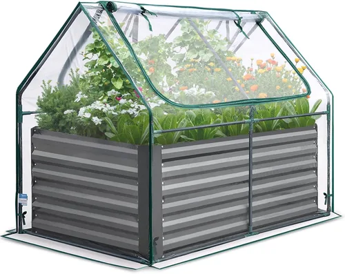 Miniatura 14 de Quictent juego de cama de cultivo elevada y galvanizada con cubierta de metal, con 2 ventanas, pequeño invernadero, con 20 etiquetas y guantes