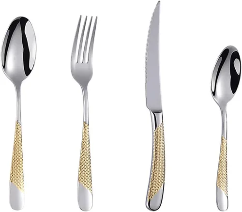 Miniatura 5 de Juego de cubiertos martillados dorados para 6 cubiertos de acero inoxidable 18/10, juego de cubiertos de 24 piezas, incluye cuchillos, tenedores