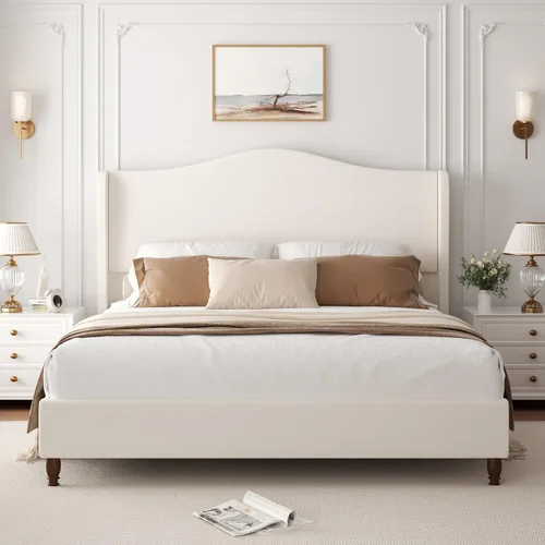 Base de cama tamaño Queen con cabecero de 52 pulgadas de alto, marcos de cama tapizados de felpilla con respaldo clásico curvado y patas de madera