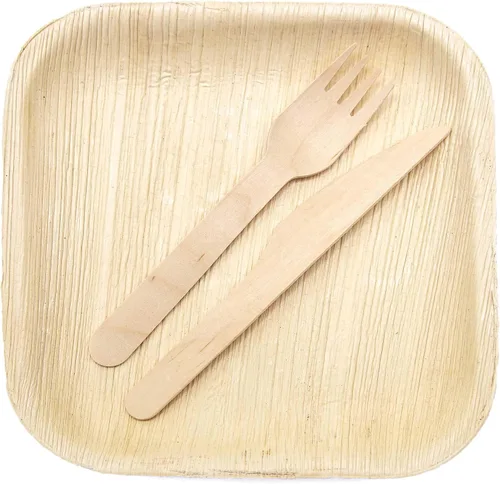 Miniatura 8 de ECODECO Platos de hoja de palmera – 50 piezas cuadrados de 8 pulgadas – Platos desechables como bambú para fiesta con cubiertos