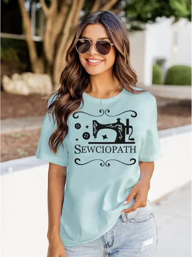 Miniatura 3 de GLIGLITTR Camiseta de mujer para amantes de la costura con estampado de costura, divertida máquina de coser con cuello redondo, manga corta, casual