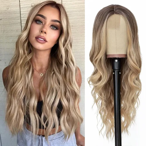 Miniatura 31 de NAYOO Pelucas marrones con flequillo para mujer, pelucas de cabello largo y ondulado, resistentes al calor, pelucas de fibra sintética para uso