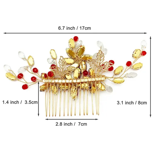 Miniatura 6 de Pieza de pelo de novia de cristal rojo con peine de flores de vid dorada, accesorios para el cabello para bodas, mujeres y niñas (dorado, rojo)