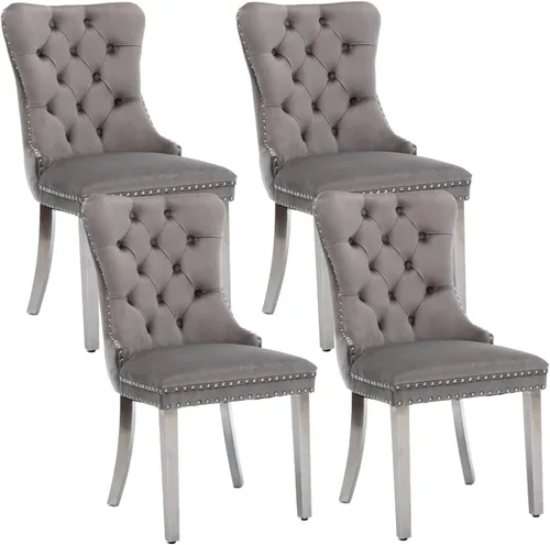 Miniatura 57 de Shenyon Juego de 2 Sillas de Comedor de Terciopelo Gris, Sillas de Comedor Tapizadas con Ribete de Anilla Trasera y Patas de Madera Maciza, Sillas