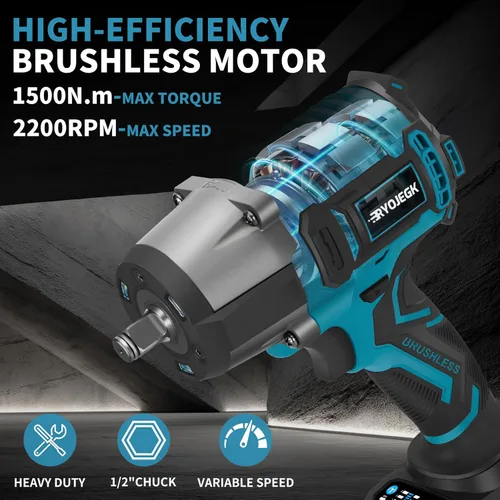 Miniatura 3 de RYOJEGK Llave de impacto de 1500 N.m, pistola de impacto inalámbrica de 1107 pies-libras de 1/2 pulgada, destornillador de impacto de potencia sin