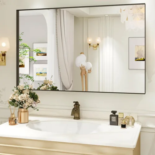 Miniatura 47 de Espejo de baño LED de 60x36 pulgadas con marco negro, espejos de baño retroiluminados y con luz frontal para pared, antiempañamiento, regulable
