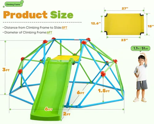 Miniatura 2 de Zupapa Cúpula de escalada con tobogán, capacidad máxima de carga 440 libras, barra de mono de gimnasio de jungla de 8 pies para el patio trasero
