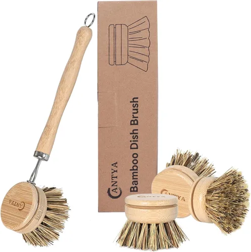 Cepillo de Bambú para Platos con Asa, 4 Cabezales de Repuesto, Raspador de Papas Ecológico, Compostable y Sostenible, Cepillo Raspador de Bambú para