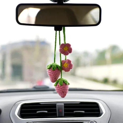 2 piezas de decoración de espejo retrovisor interior de coche con flores de fresas rosadas, accesorios para colgar, decoración de espejo interior de