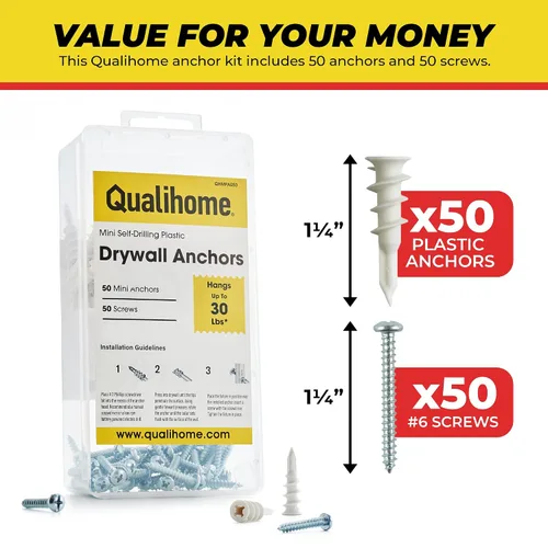 Miniatura 7 de Qualihome Kit de 50 piezas de anclajes de yeso autoperforantes pequeños de plástico N.6 con tornillos