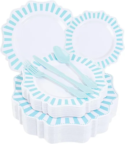 Miniatura 11 de COLOSUS Juego de cubiertos dorados desechables de 350 piezas de plástico blanco para fiesta: 50 platos de cena, 50 platos de postre, 50 servilletas