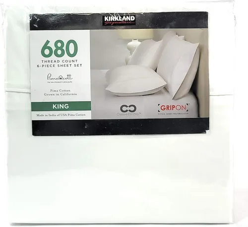 Kirkland Signature - Juego de sábanas tamaño King, 680 hilos, color blanco brillante, 6 piezas, bolsillos profundos