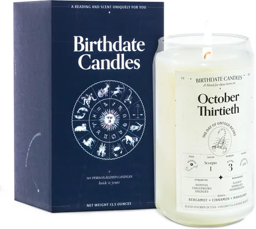 Miniatura 48 de Velas con fecha de nacimiento, 28 de octubre, velas perfumadas del zodiaco de Escorpio, regalo de cumpleaños, aroma a bergamota, canela y caoba