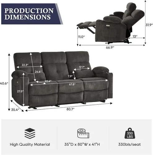 Miniatura 2 de Sofá reclinable eléctrico de 80 pulgadas con calor y masaje, sofá reclinable eléctrico con reposapiés extendido, sofá reclinable de 3 plazas con Gris