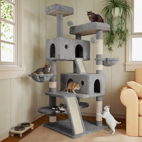 Miniatura 11 de MUTICOR Árbol para gatos de 66 pulgadas de varios niveles, grande, para interiores, con felinos grandes/perchas de felpa Gris oscuro