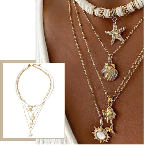 Miniatura 2 de Juego de collares en capas para mujeres y niñas, collares bohemios en capas doradas, collar con colgante de concha marina de festoneada, joyería