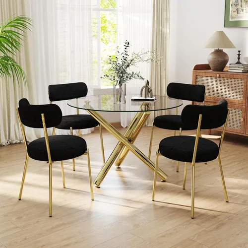 Miniatura 18 de Juego de mesa de comedor redonda de cristal negro para 2, juego de mesa de cocina pequeña y moderna de 36 pulgadas con 2 sillas de comedor tapizadas