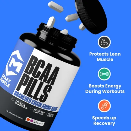 Miniatura 2 de Crazy Muscle Pastillas BCAA con la proporción perfecta 2:1:1 de aminoácidos de cadena ramificada suplemento – 1000 mg de BCAA por píldora