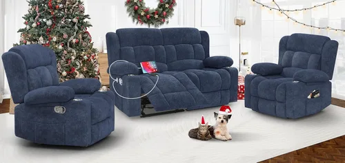 Miniatura 16 de Juego de Sofá Reclinable de Dos Plazas con 2+1 Piezas, Sillón Reclinable Minimalista de 2 Plazas con Pestaña de Tirón Manual, Tela con Puertos