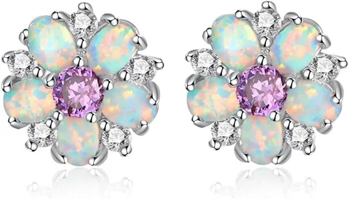 CiNily - Aretes tipo dormilona de plata de ley o chapado en oro blanco dorado o dorado rosado, diseño de flores con ópalos, bonitos y únicos, para