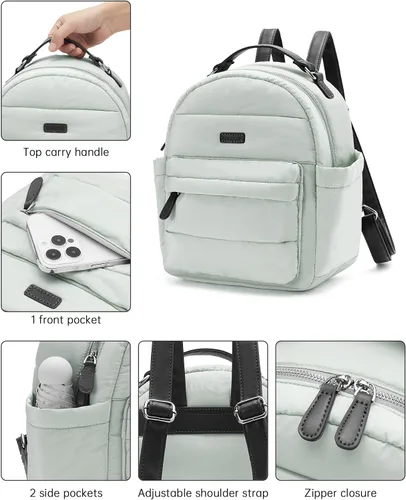 Miniatura 6 de Vividora Mini mochila acolchada para mujer, pequeña mochila acolchada de nailon ligero para viajes diarios, Gris Verde