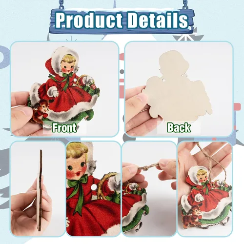 Miniatura 5 de 36 adornos de Navidad vintage para decoración de árboles, adornos retro de madera con niña, muñeco de nieve, decoración navideña de reno para árbol