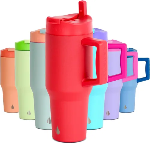 Miniatura 22 de Elemental Vaso de 40 onzas con asa y popote - A prueba de derrames, aislado de acero inoxidable para uso diario - Taza de café de viaje con 2