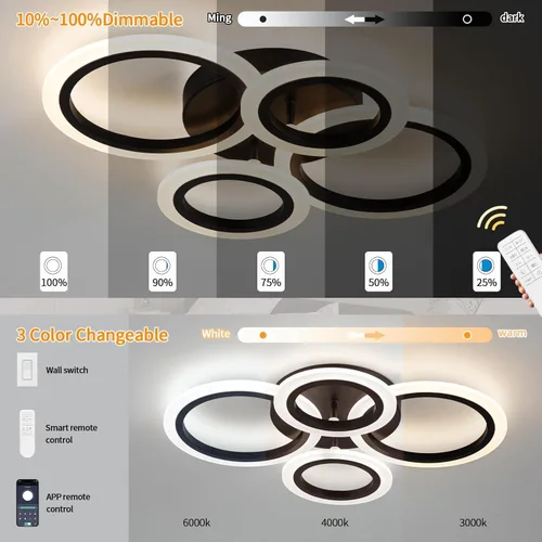 Miniatura 6 de Shine LUEST Lámpara de techo LED moderna de 34 W, 3000 K-6000 K regulable, accesorios de iluminación de techo para montaje en techo, 4 anillos