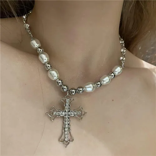 Miniatura 3 de Collar largo con colgante de cruz de diamantes de imitación celta vintage con cuentas de perlas de plata para mujer, Metal