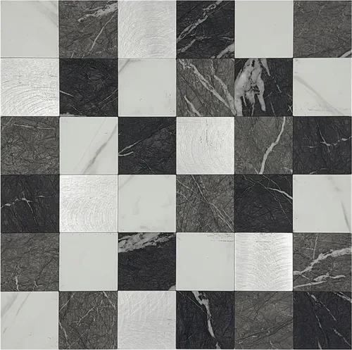 Medley - Azulejos de PVC y aluminio de 12 x 12 pulgadas, para despegar y pegar, mármol negro y metal cepillado, paquete de 12 unidades