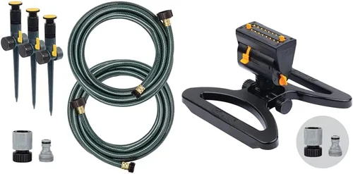 Melnor 65191AMZ - Juego de aspersores ajustables con espigas ajustables, verde, amarillo y 65131AMZ - Paquete de aspersor con mini oscilador, negro,