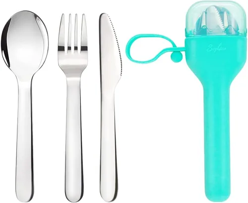 SOPHICO Juego de Utensilios de Viaje para Acampar y Caja de Almuerzo para Niños, Tenedor y Cuchara de Acero Inoxidable, Cuchillo Cubiertos Vajilla
