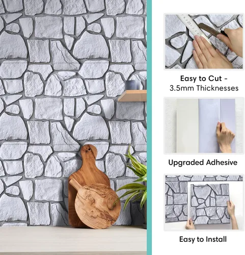Miniatura 5 de Commomy 10 paneles de pared de piedra 3D para despegar y pegar, panel de pared de piedra sintética de 11.8 x 11.8 pulgadas, papel tapiz de ladrillo