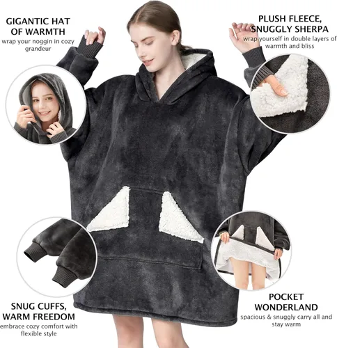 Miniatura 3 de Touchat - Manta con capucha portátil, sudadera con capucha de forro polar sherpa de gran tamaño con bolsillo gigante y mangas para adulto, regalo