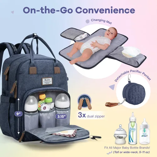 Miniatura 3 de RUVALINO Pañalera tipo mochila, mochila multifuncional para viajes, bolsas para cambiar al bebé de maternidad, gran capacidad, impermeable, azul