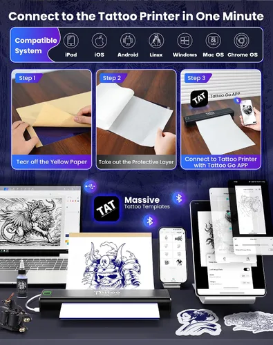 Miniatura 2 de Vretti Impresora de plantillas de tatuaje P84, kit de tatuaje con 5 piezas de papel de transferencia, impresora de tatuaje inalámbrica para artistas