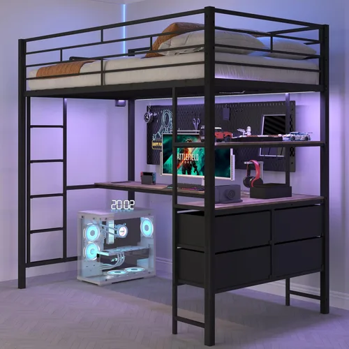 VINGLI Base de cama individual de metal con barandilla de seguridad de 15 pulgadas, escalera antideslizante, 2 estaciones de carga, escritorio en