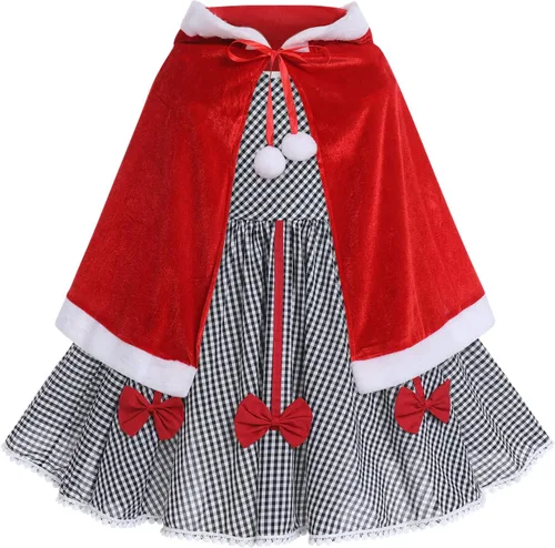 Miniatura 14 de IDOPIP Vestido de fiesta de Navidad para mujeres y niñas, vestido de tutú a cuadros rojos con capa con capucha, disfraz familiar a juego