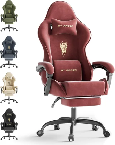 Miniatura 11 de Huracan Silla de juegos de tela de terciopelo con reposapiés para adultos, sillas ergonómicas para juegos con base de masaje, silla reclinable