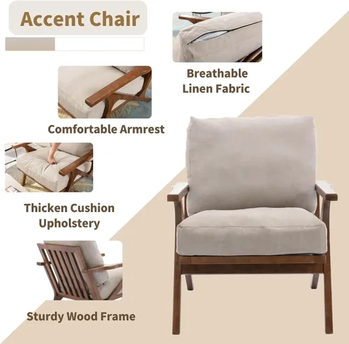 Miniatura 4 de HNY Mid-Century - Silla decorativa tapizada moderna, sillón de tela de lino con marco de madera maciza, cómoda silla de descanso con almohada