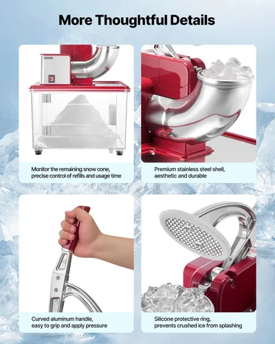 Miniatura 5 de VEVOR Trituradora de hielo comercial 661LBS/H, máquina eléctrica de cono de nieve de 350 W con 4 cuchillas, máquina de hielo afeitado de acero Rojo