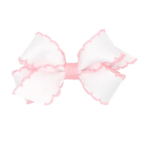 Miniatura 19 de Wee Ones - Lazo clásico de grogrén con borde de puntadas lunares para niñas, con clip para cabello WeeStay, borde en contraste, King, blanco
